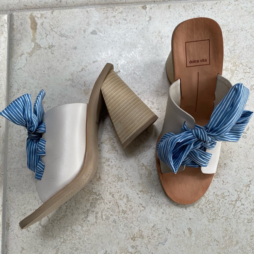 Dolce Vita Amber Ivory Mules with Blue & White Ties Size 8.5 Block Heels